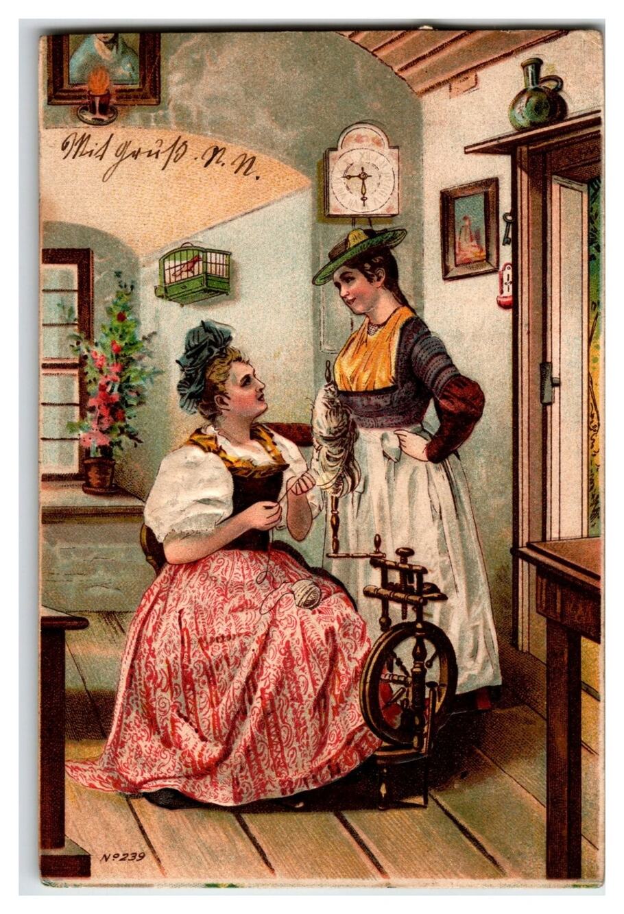 1903 Freiwaldau Postcard: Women Spinning Wool, Traditional Attire, Austrian